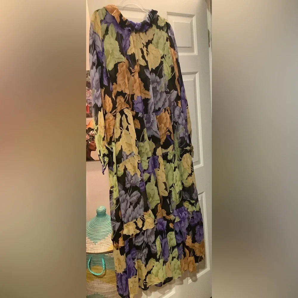 Anthropologie Floral Long-Sleeve Maxi Dress in Black, Yellow & Lavender - Picture 9 of 11